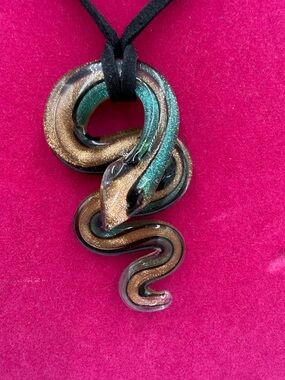 Murano Glass Snake Pendant Necklace in Teal and Gold - Made in Italy